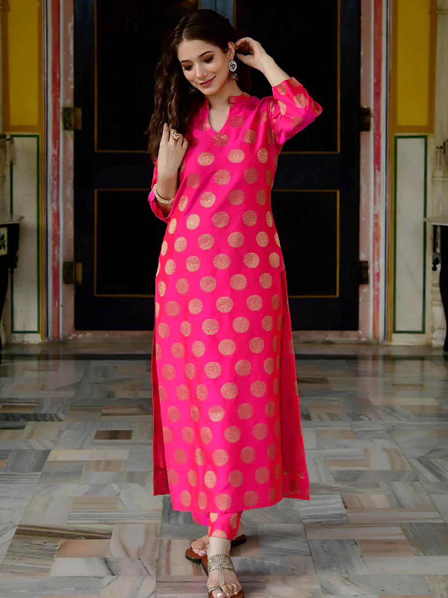 pure banarasi silk pink kurta with pant (set of 2)