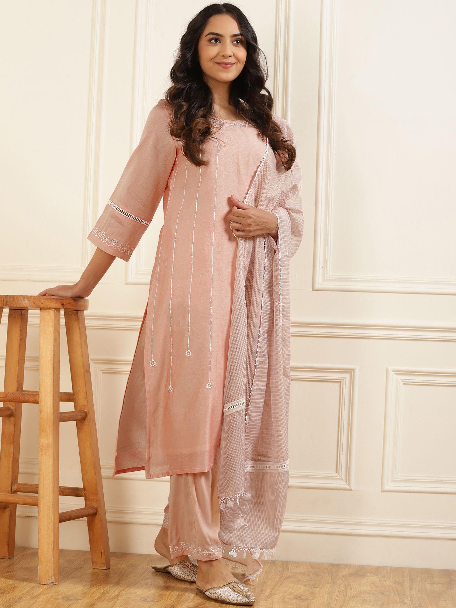 pure chanderi peach color silk embroidered kurta paired with matching pant and dupatta
