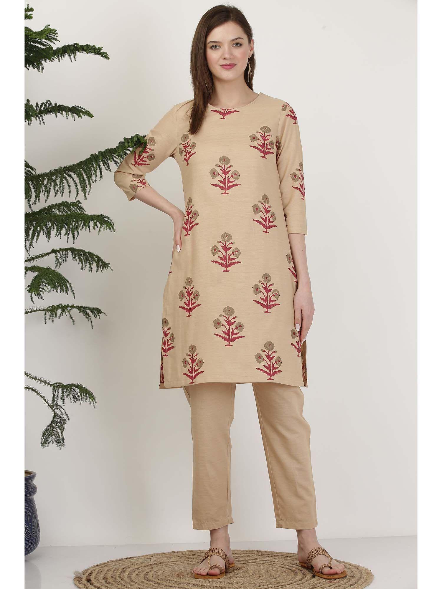 pure cotton beige block printed kurta pant (set of 2)