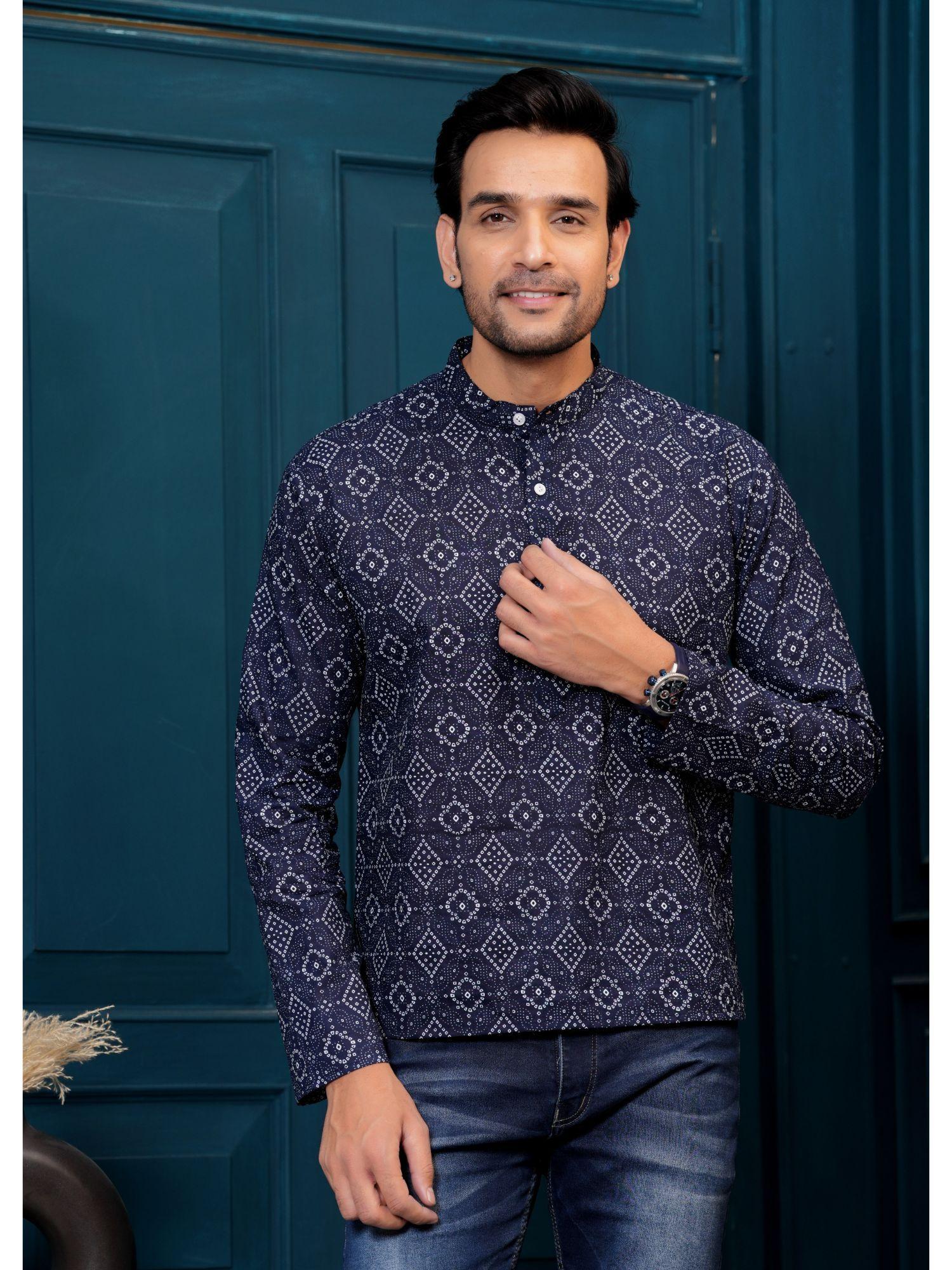 pure cotton blue bandhej printed straight kurta