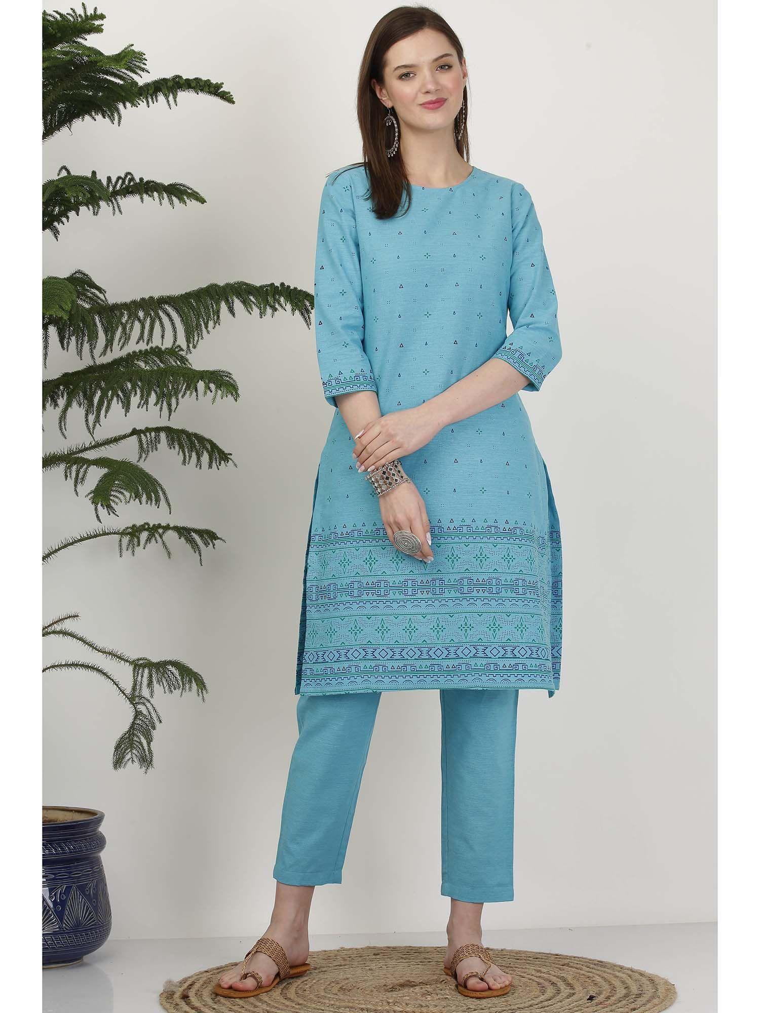 pure cotton blue block printed kurta pant (set of 2)
