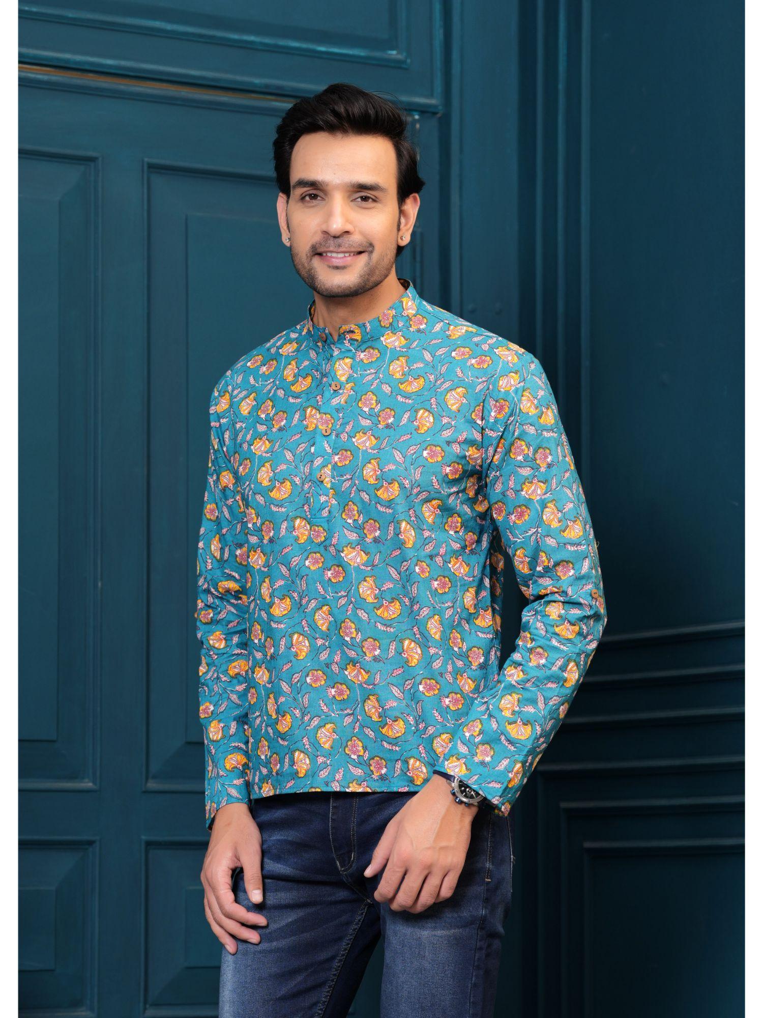 pure cotton blue floral printed straight kurta