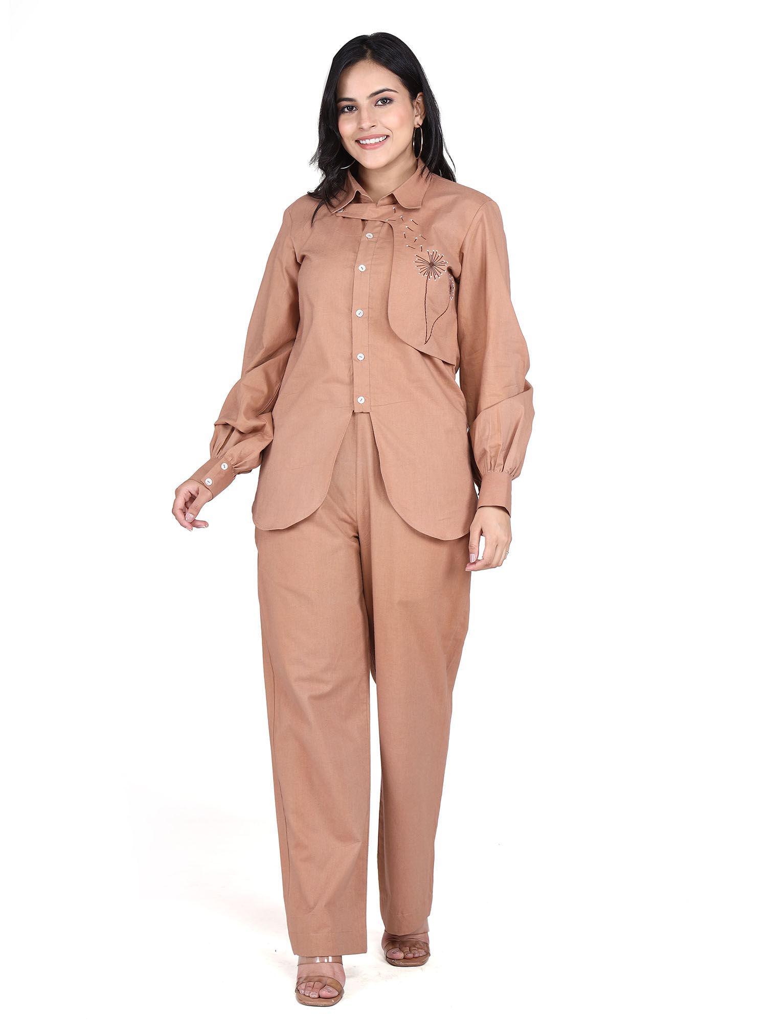 pure cotton brown embroidered shirt & pants co-ord (set of 2)