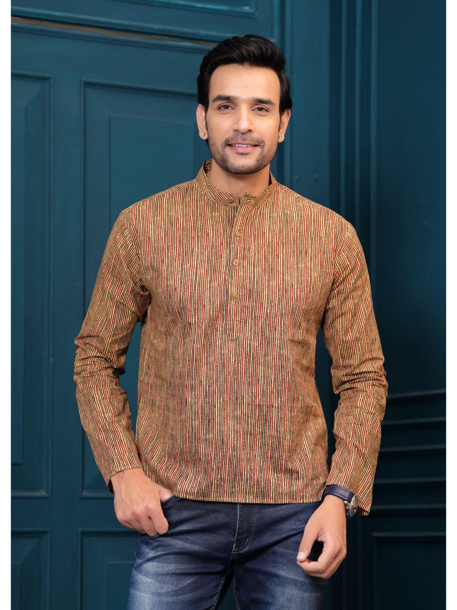 pure cotton brown striped printed straight kurta