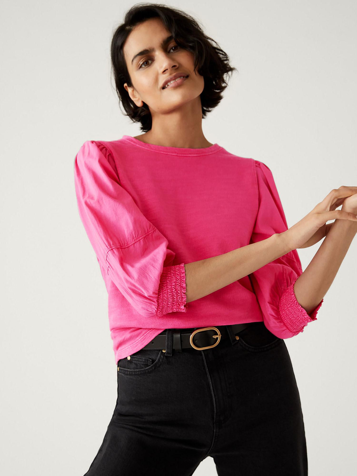 pure cotton crew neck pink sleeve top