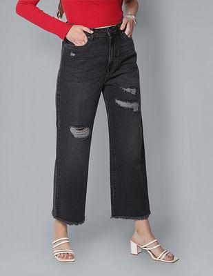 pure cotton distressed straight jeans