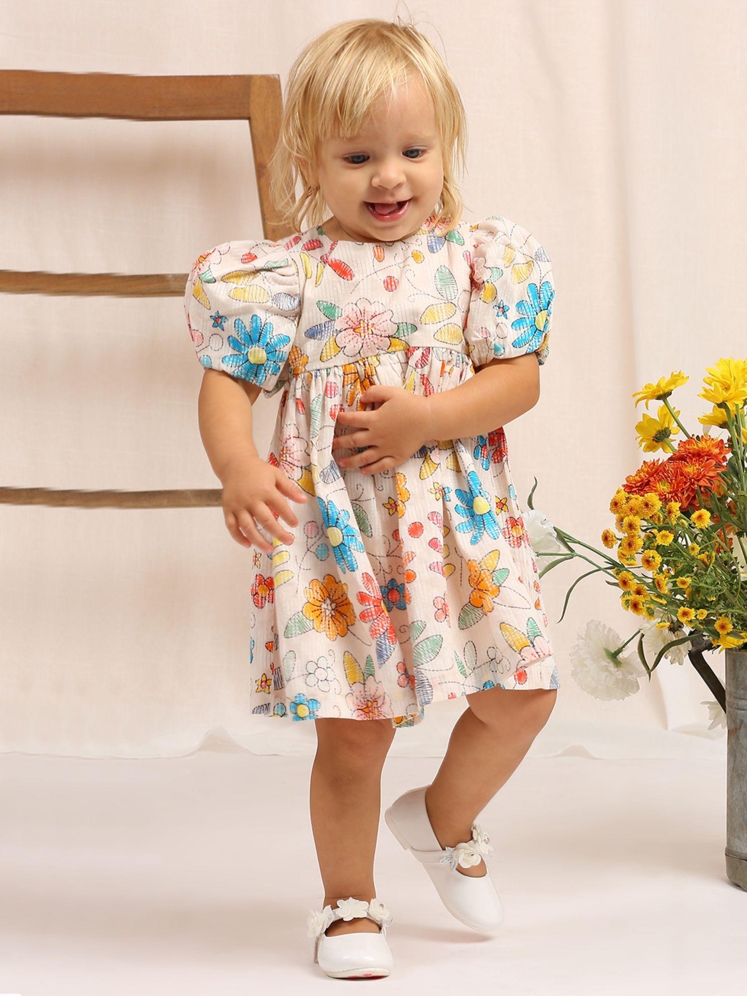 pure cotton flower printed puff sleeves dress