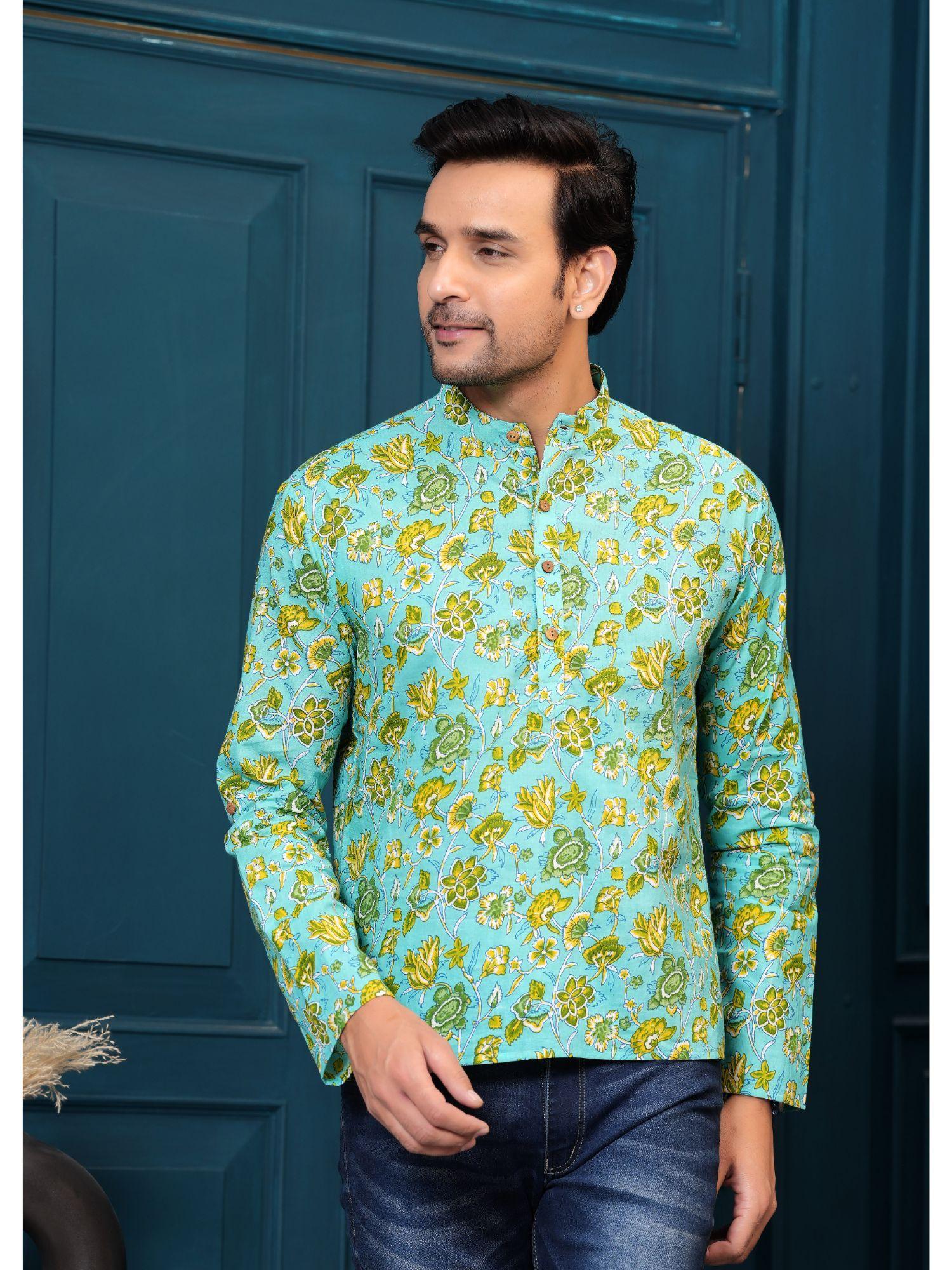 pure cotton green floral printed straight kurta