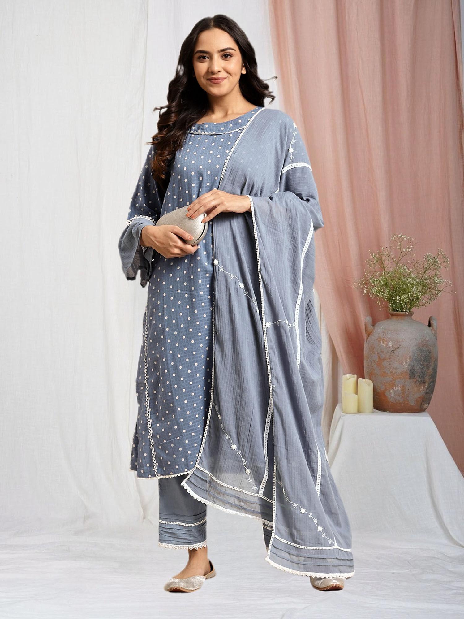 pure cotton grey blue polka dot lace work kurta paired with matching pant and dupatta