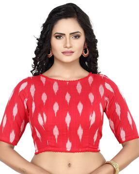 pure cotton ikat print back open blouse