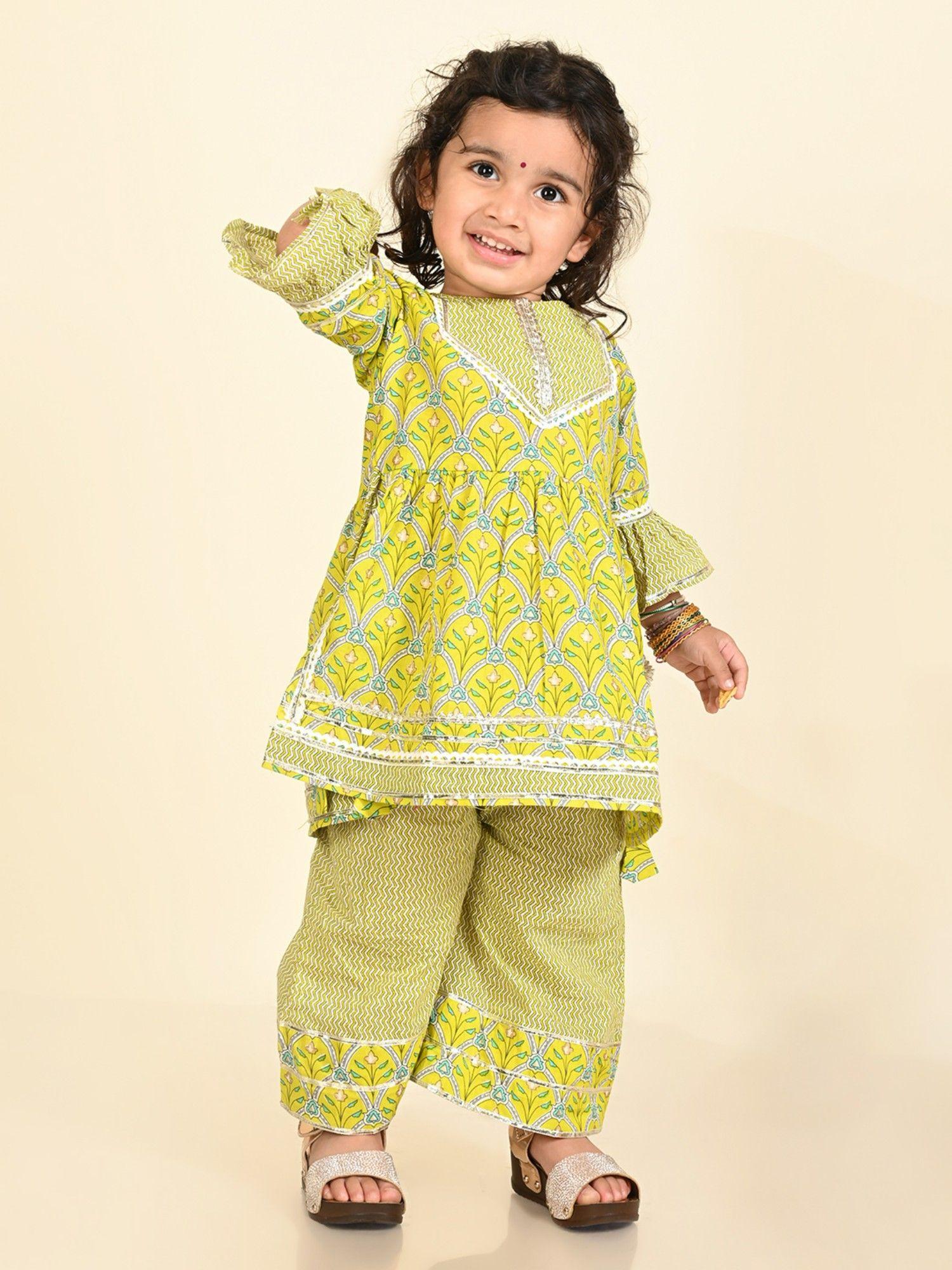 pure cotton infant ethnic kurti and palazzo green (set of 2)