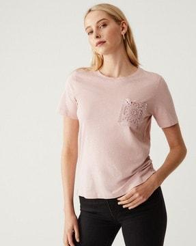 pure cotton lace pocket t-shirt