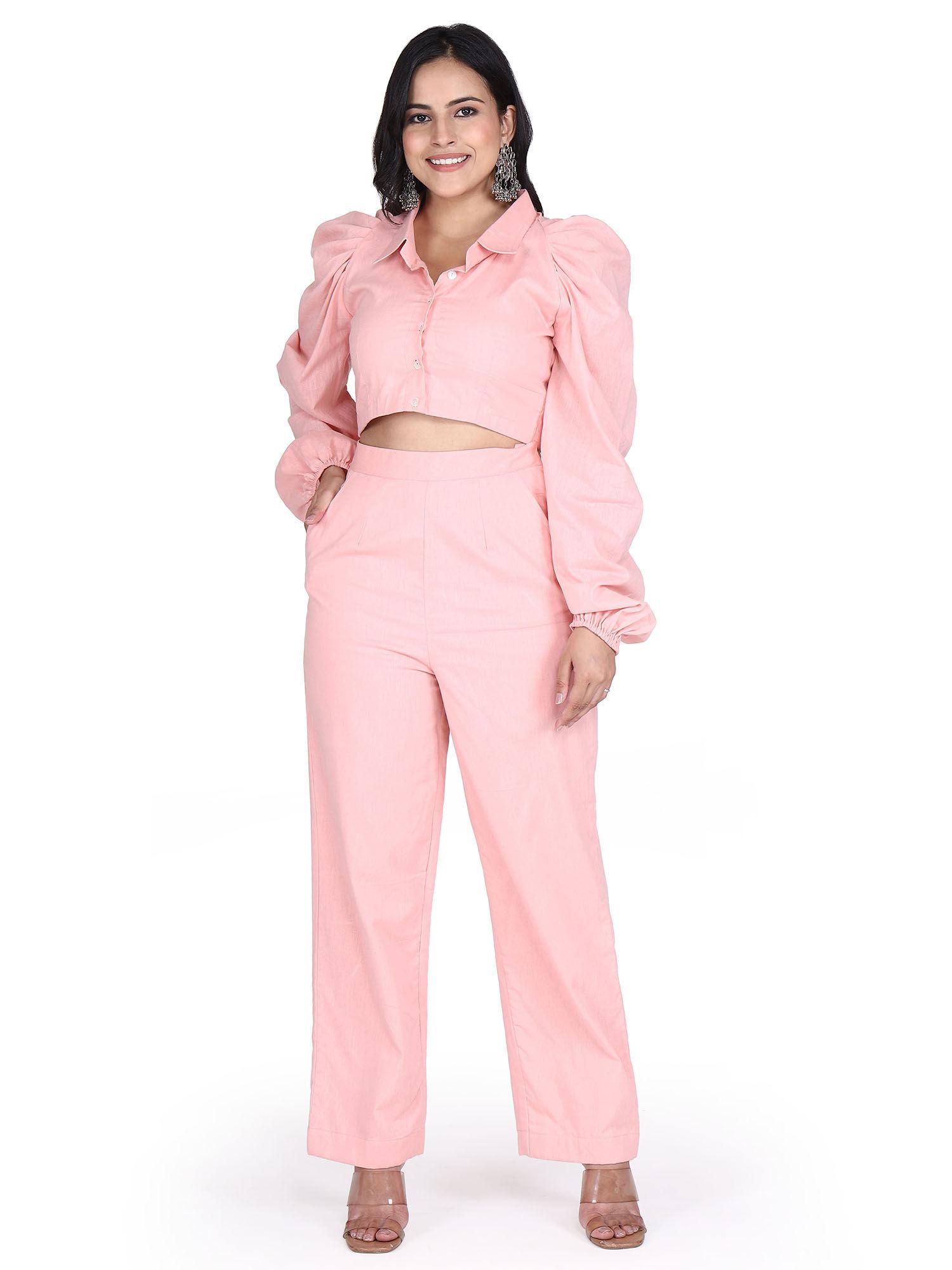 pure cotton light pink crop top & pant co-ord (set of 2)