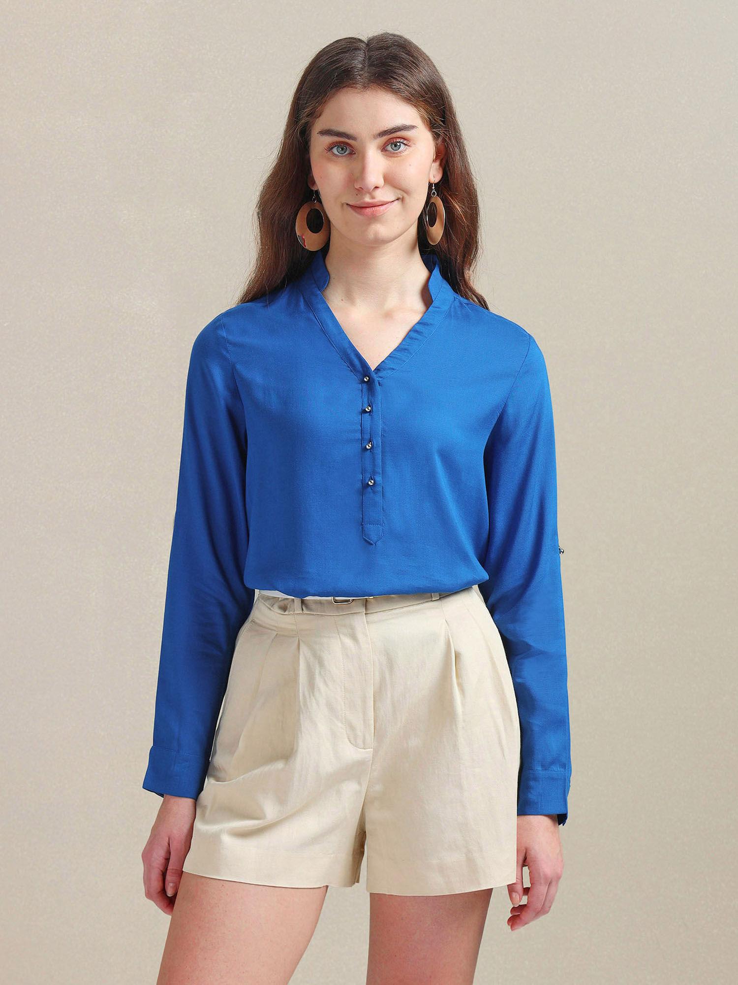 pure cotton mandarin neck blue top