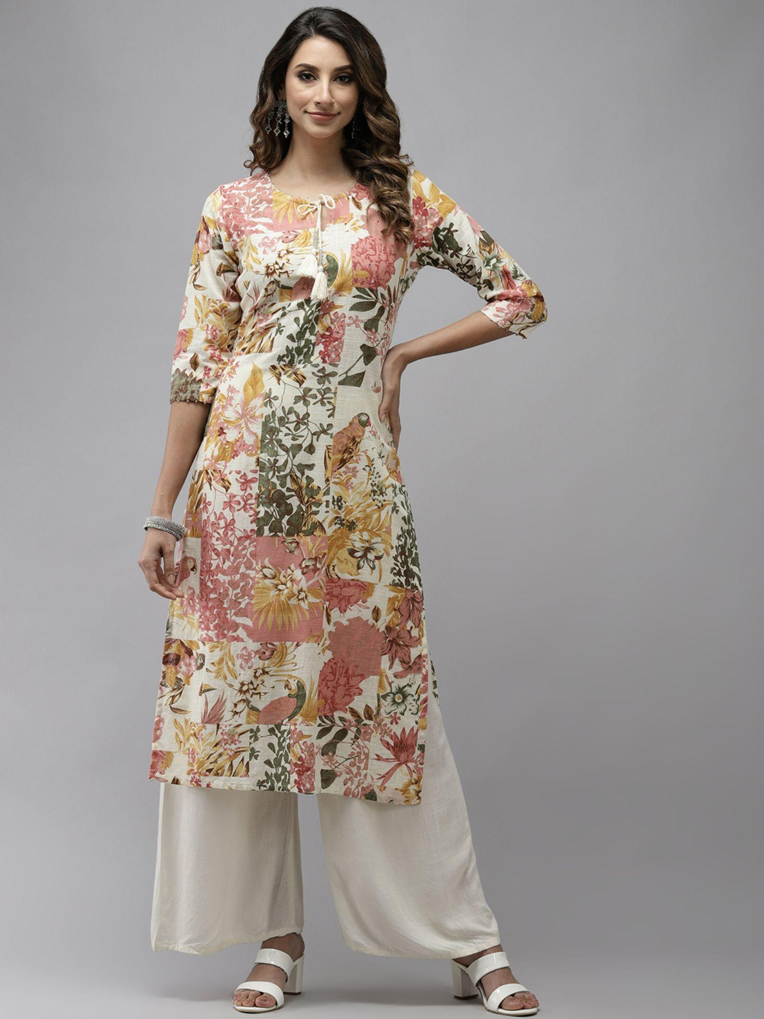 pure cotton multicolor embroidered a-line kurta