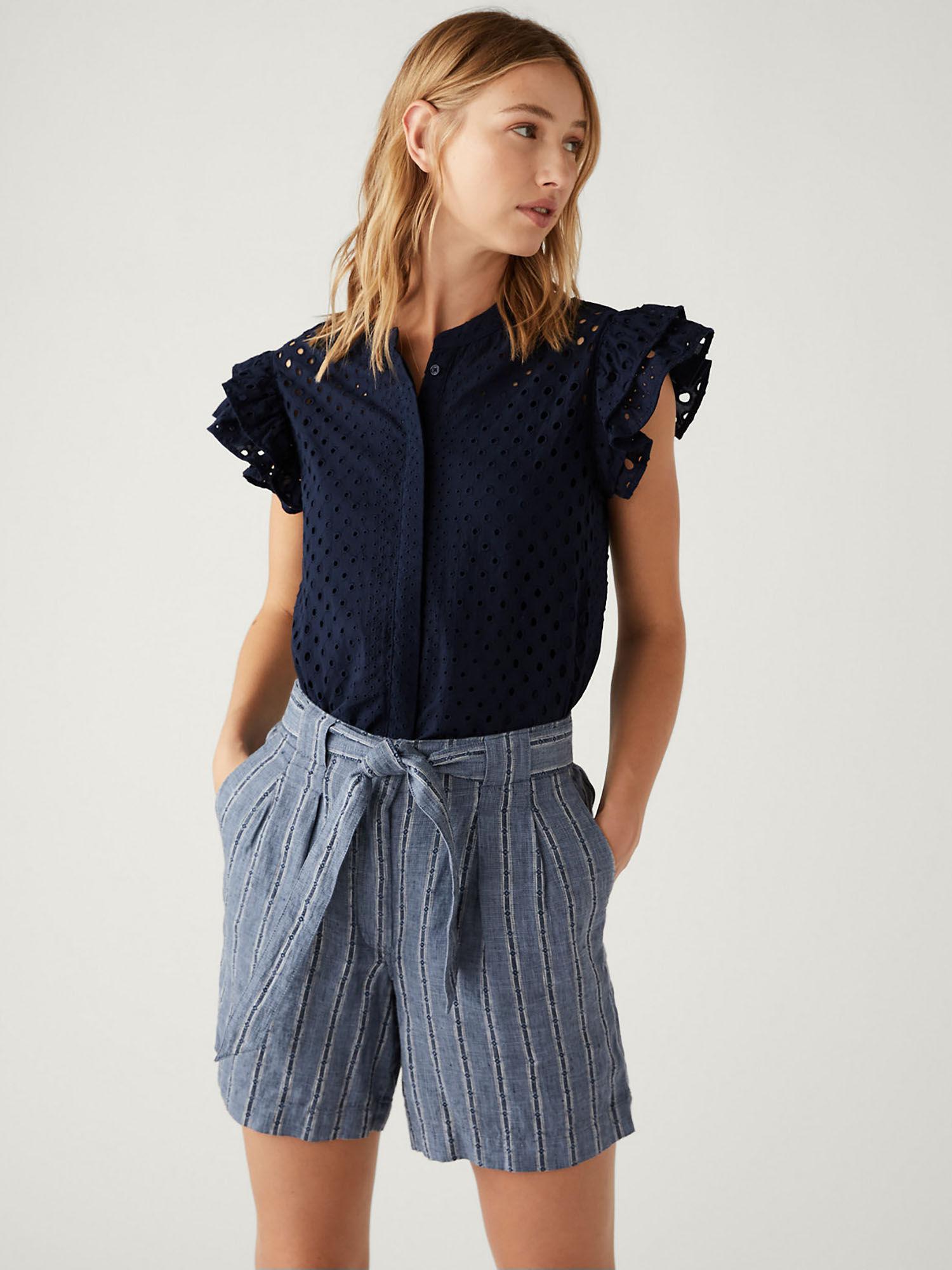 pure cotton navy broderie frill detail top