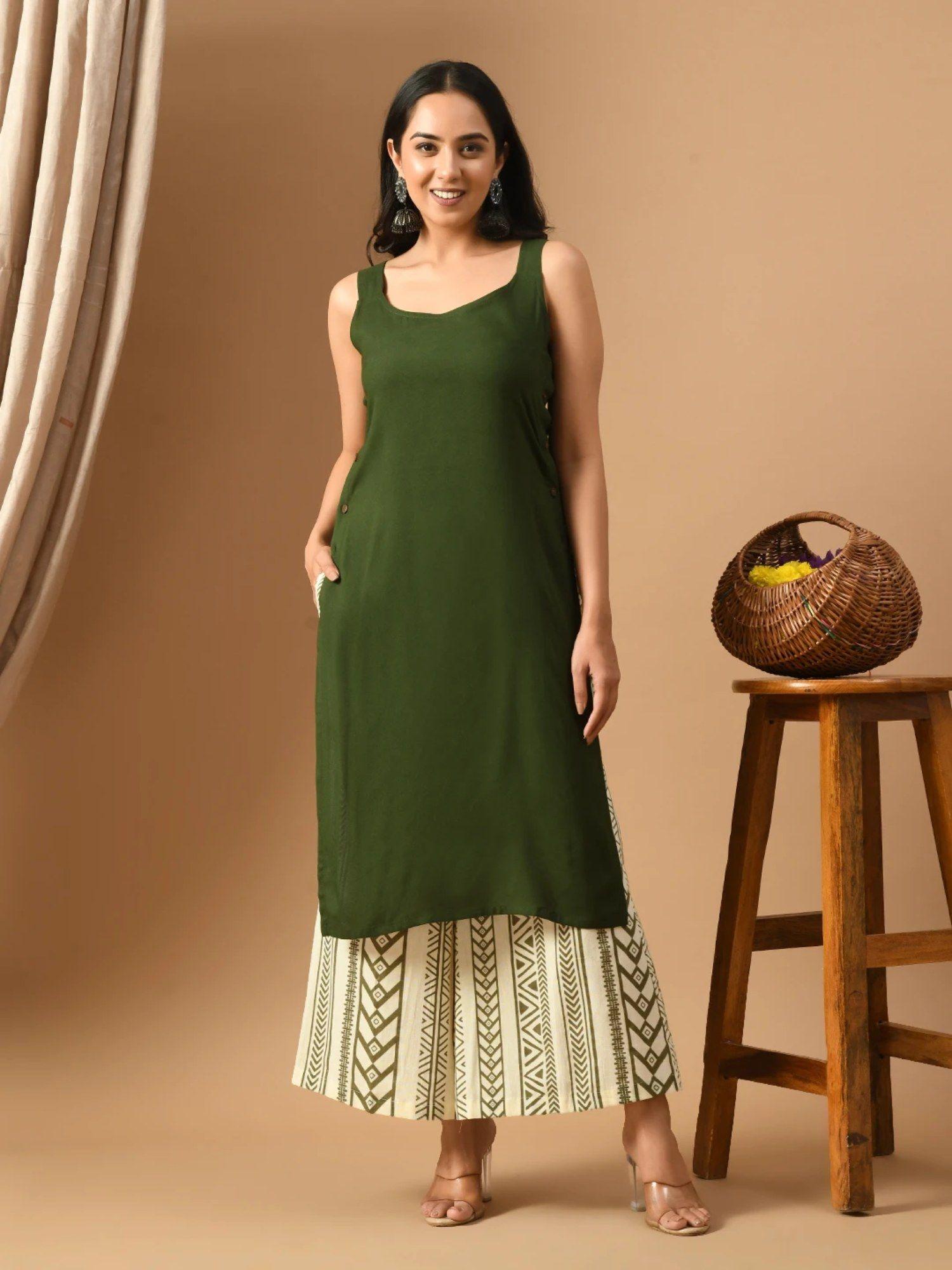 pure cotton olive green rayon sleeveless kurta with palazzo (set of 2)