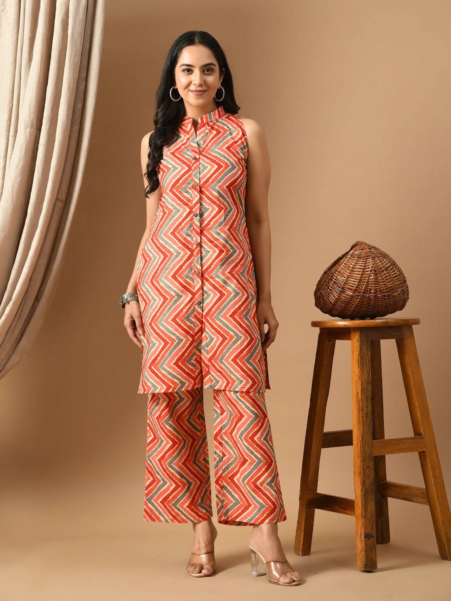 pure cotton orange zig zag co-ord (set of 2)