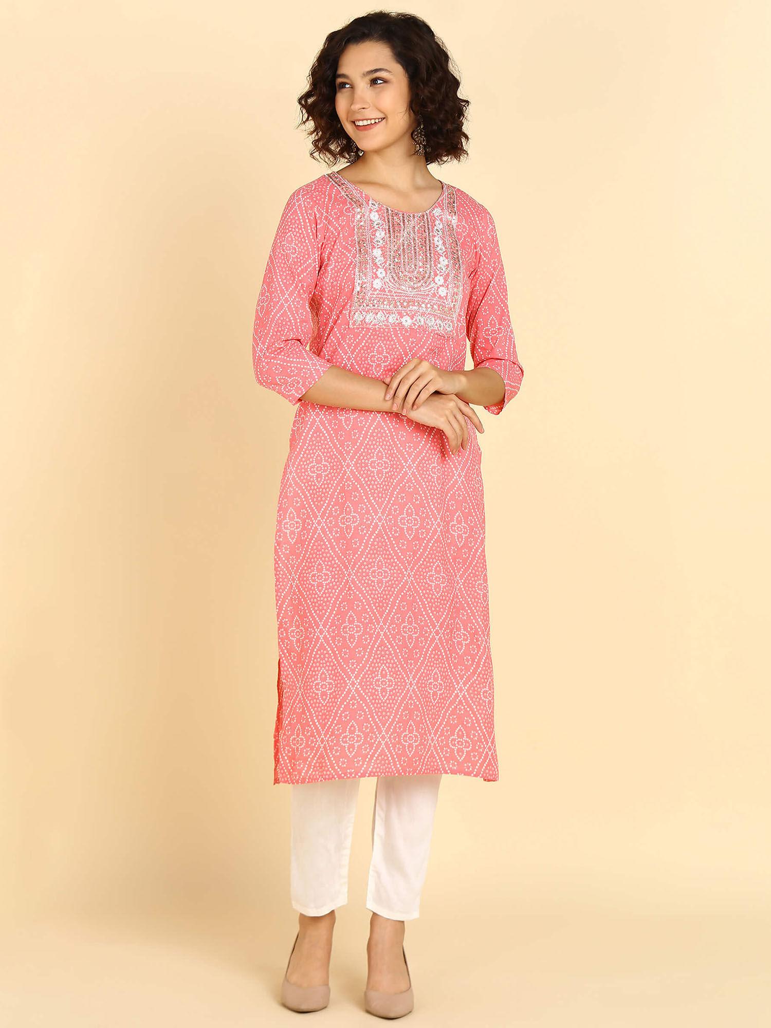 pure cotton pink bandhej print kurta with zari embroidery