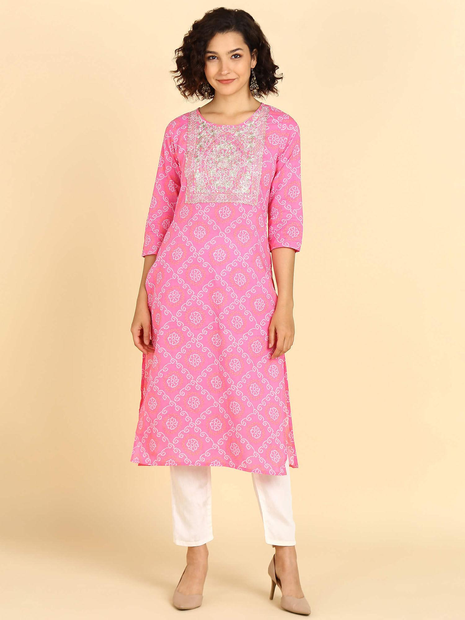 pure cotton pink bandhej print kurta with zari embroidery