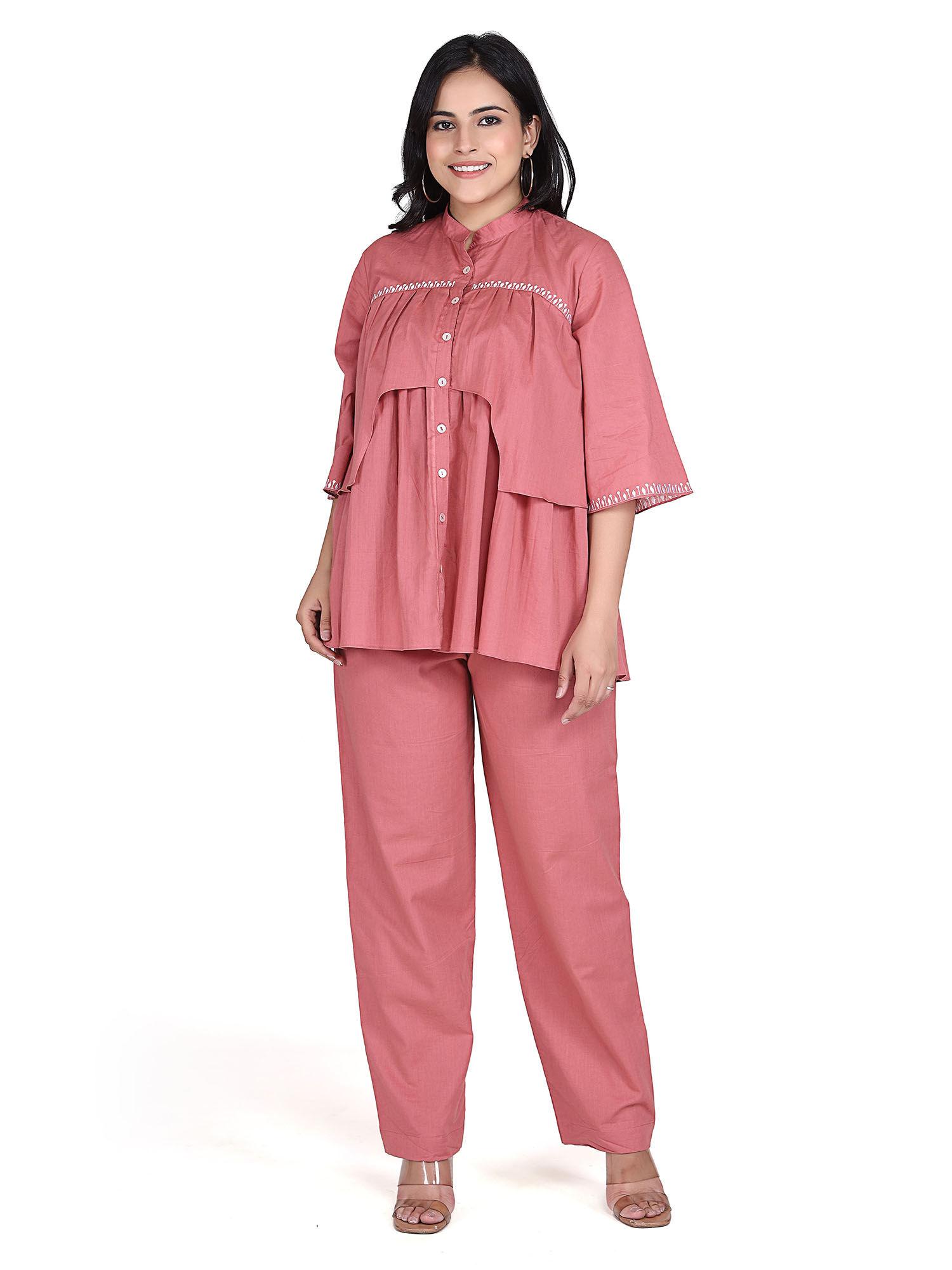 pure cotton pink embroidered shirt & pants co-ord (set of 2)