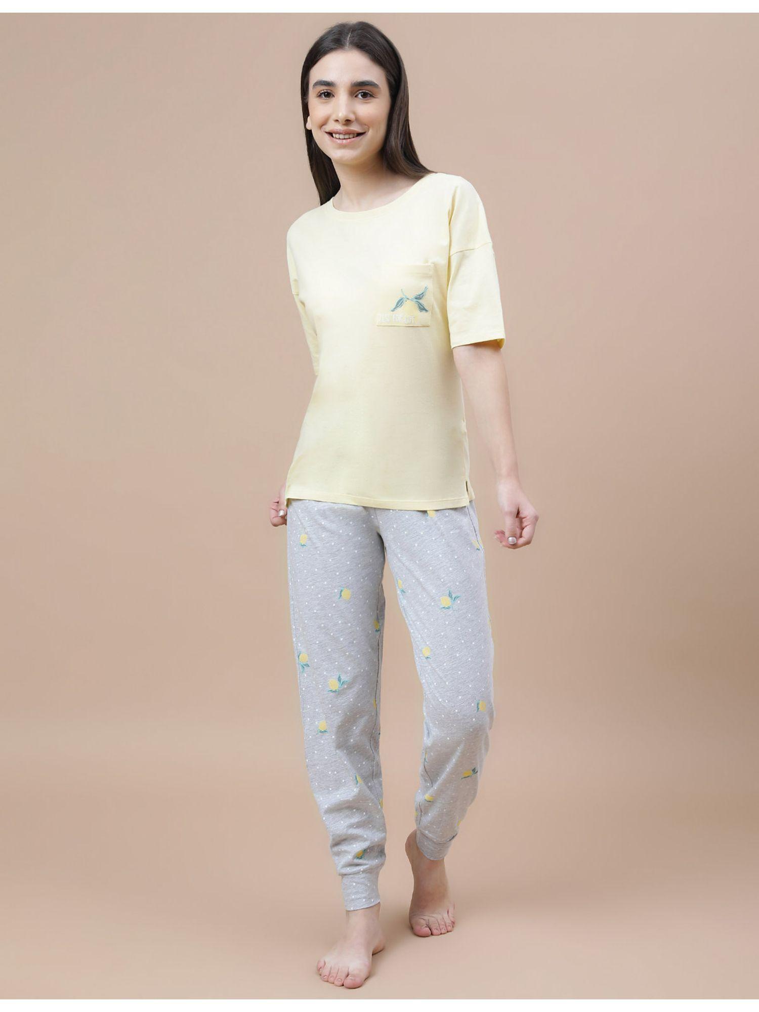 pure cotton printed crew neck pyjama set - yellow (set of 2)