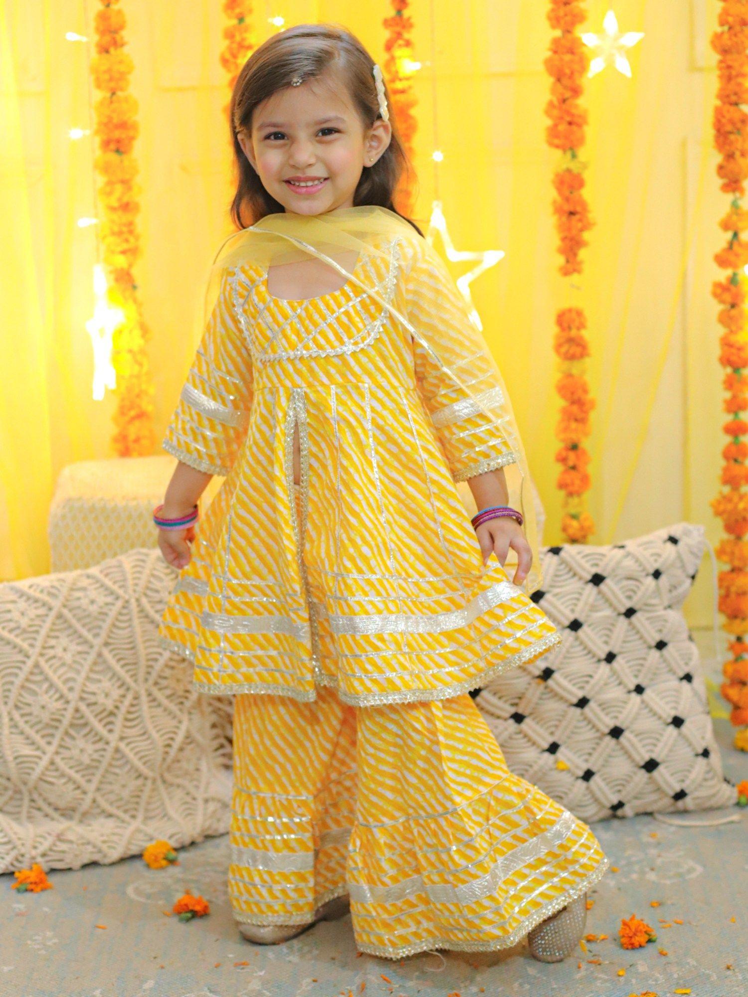 pure cotton printed kurta sharara with dupatta girls yellow (set of 3)