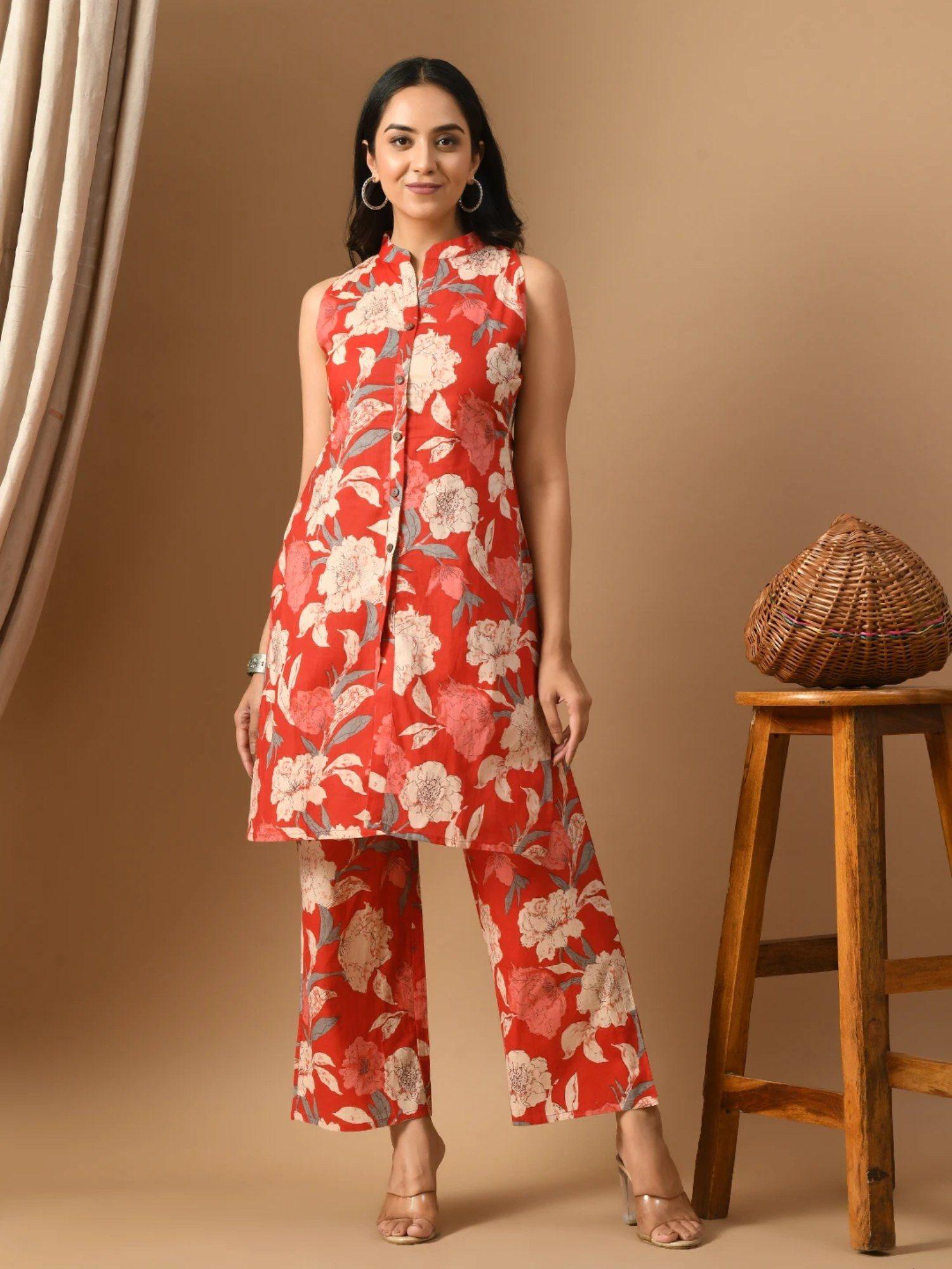 pure cotton red big floral printed co-ord (set of 2)