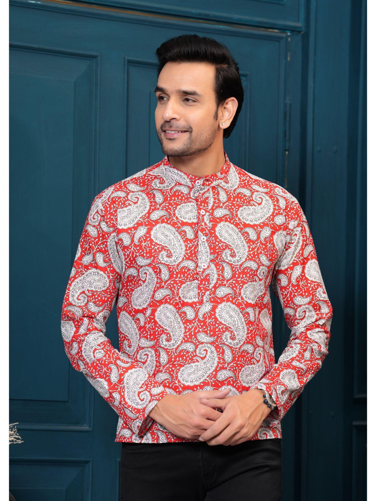 pure cotton red ethnic printed straight kurta