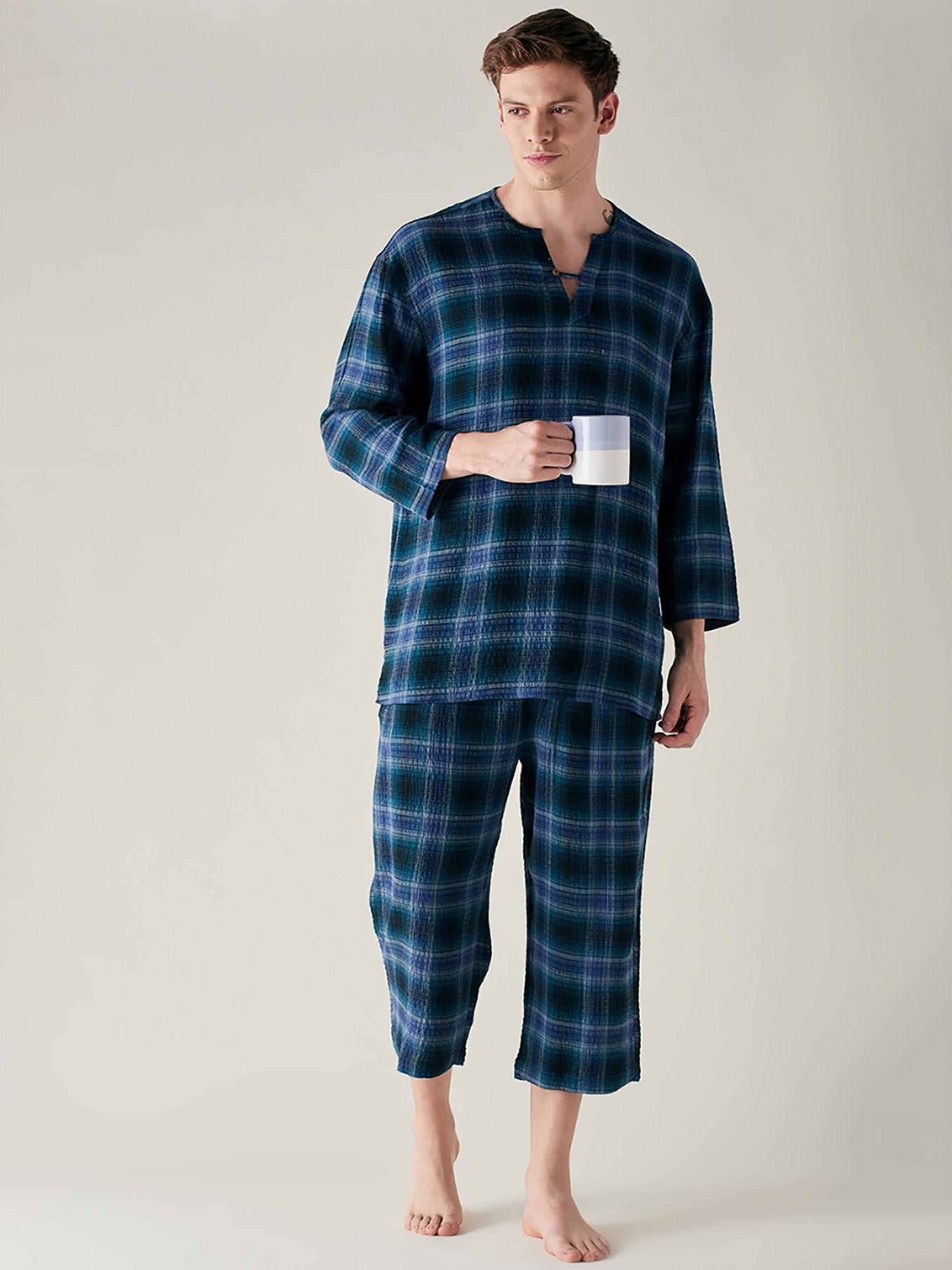 pure cotton supersoft blue plaid pyjama navy blue (set of 2)