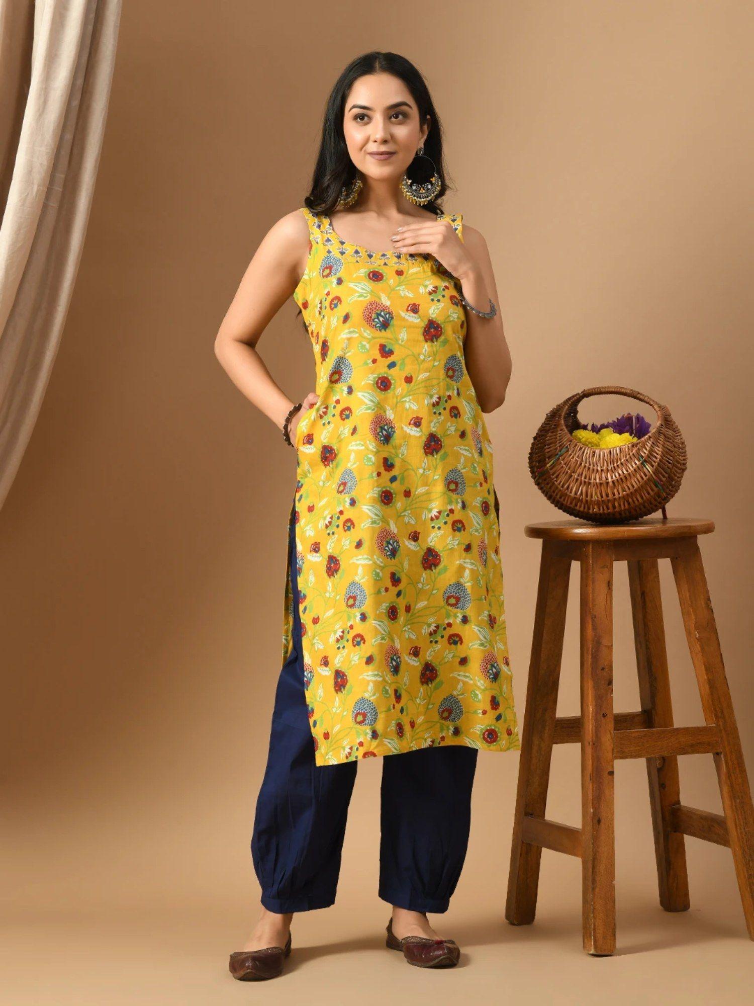 pure cotton yellow multi-color floral kurta with salwar (set of 2)