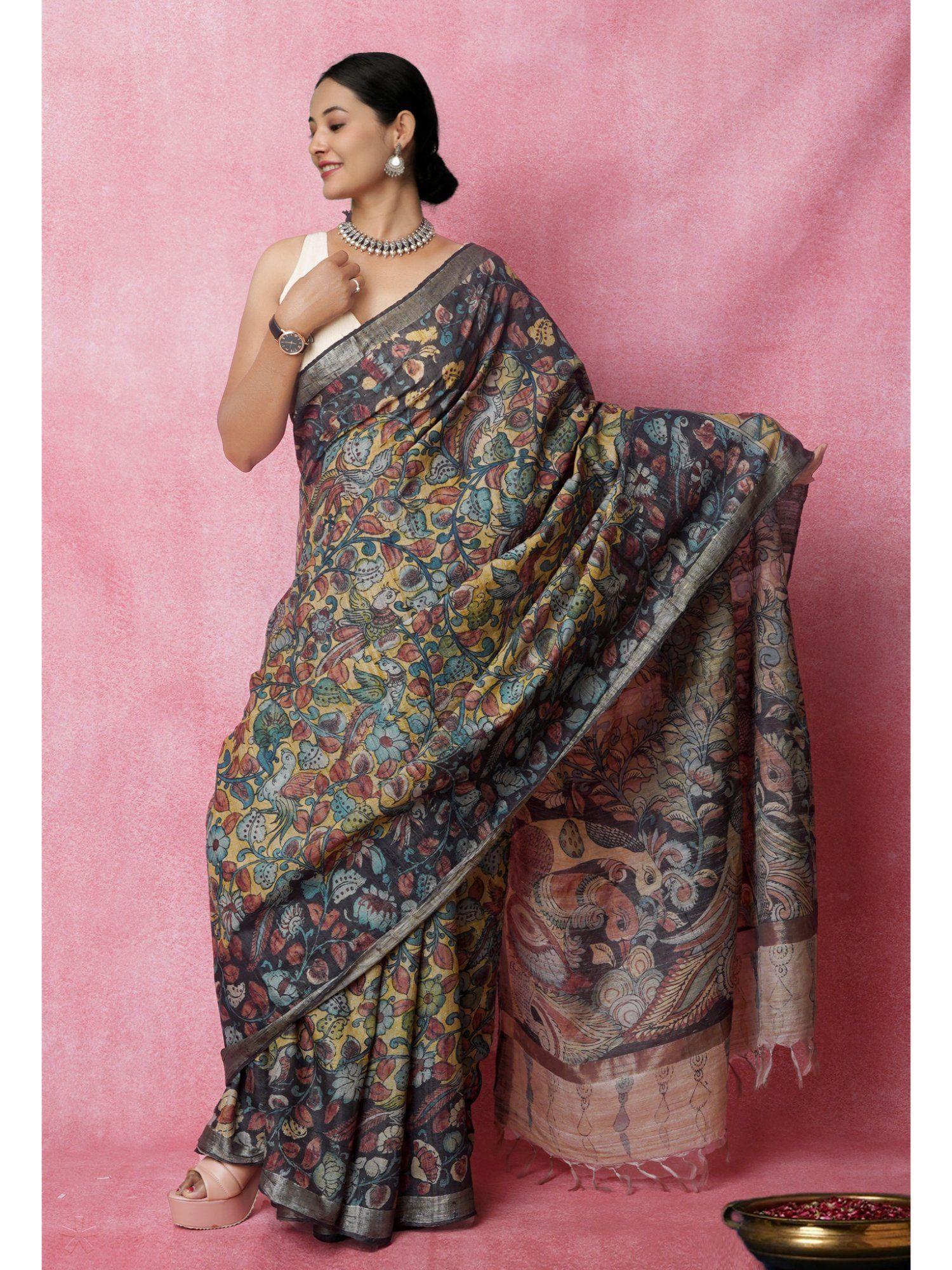 pure handloom floral kalamkari printed silk multi color saree with unstitched blouse