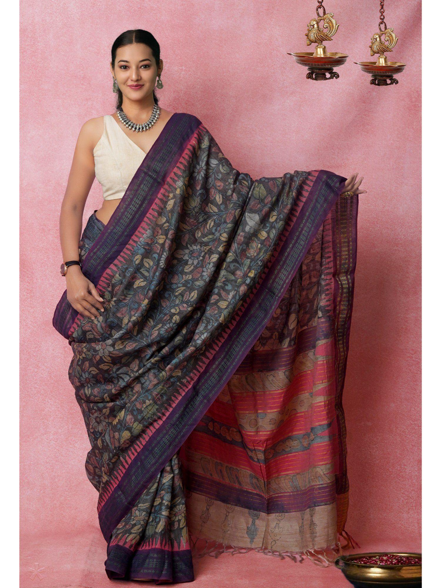 pure handloom kalamkari multi printed tussar silk saree with unstitched blouse