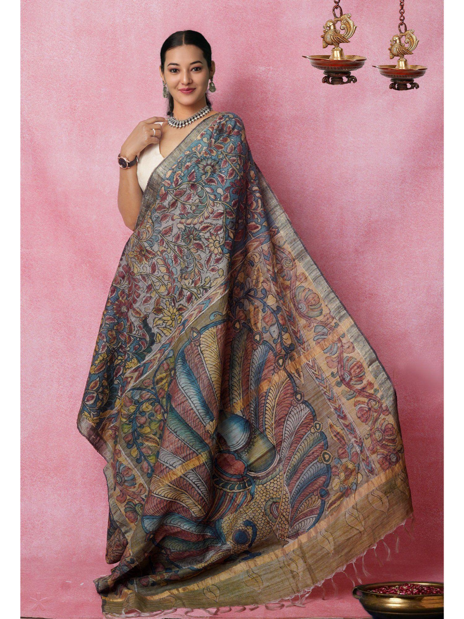 pure handloom multi color kalamkari floral printed silk saree with unstitched blouse