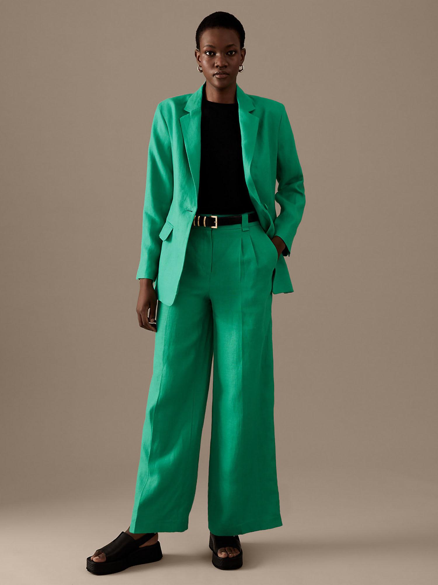 pure irish linen pleated wide leg green trousers