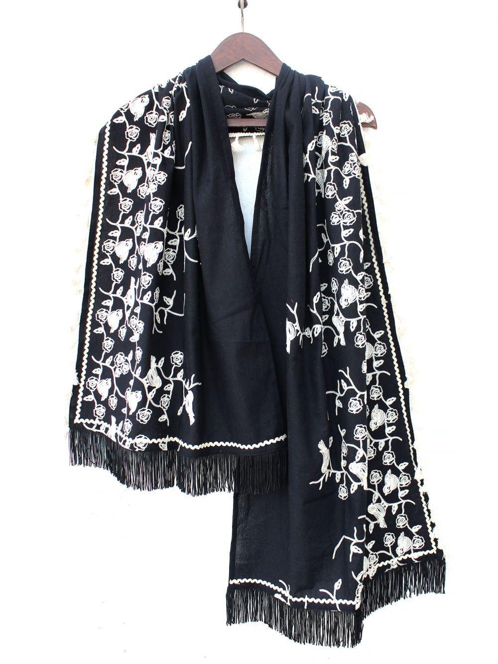 pure khadi black color floral embroidered stole