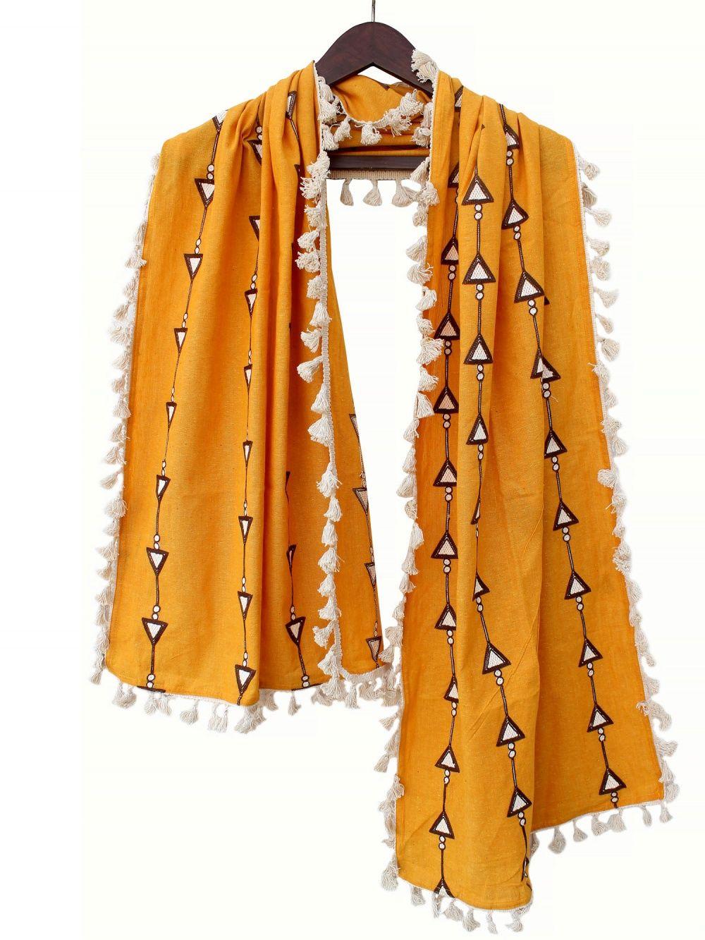 pure khadi mustard stole with off white tassel lace