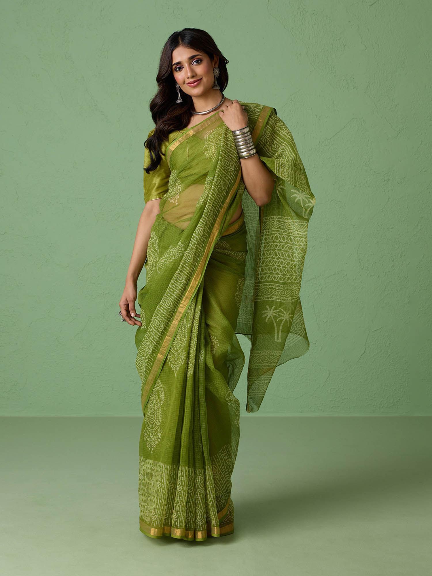 pure kota doria authentic hand block print green saree with unstitched blouse likkota01