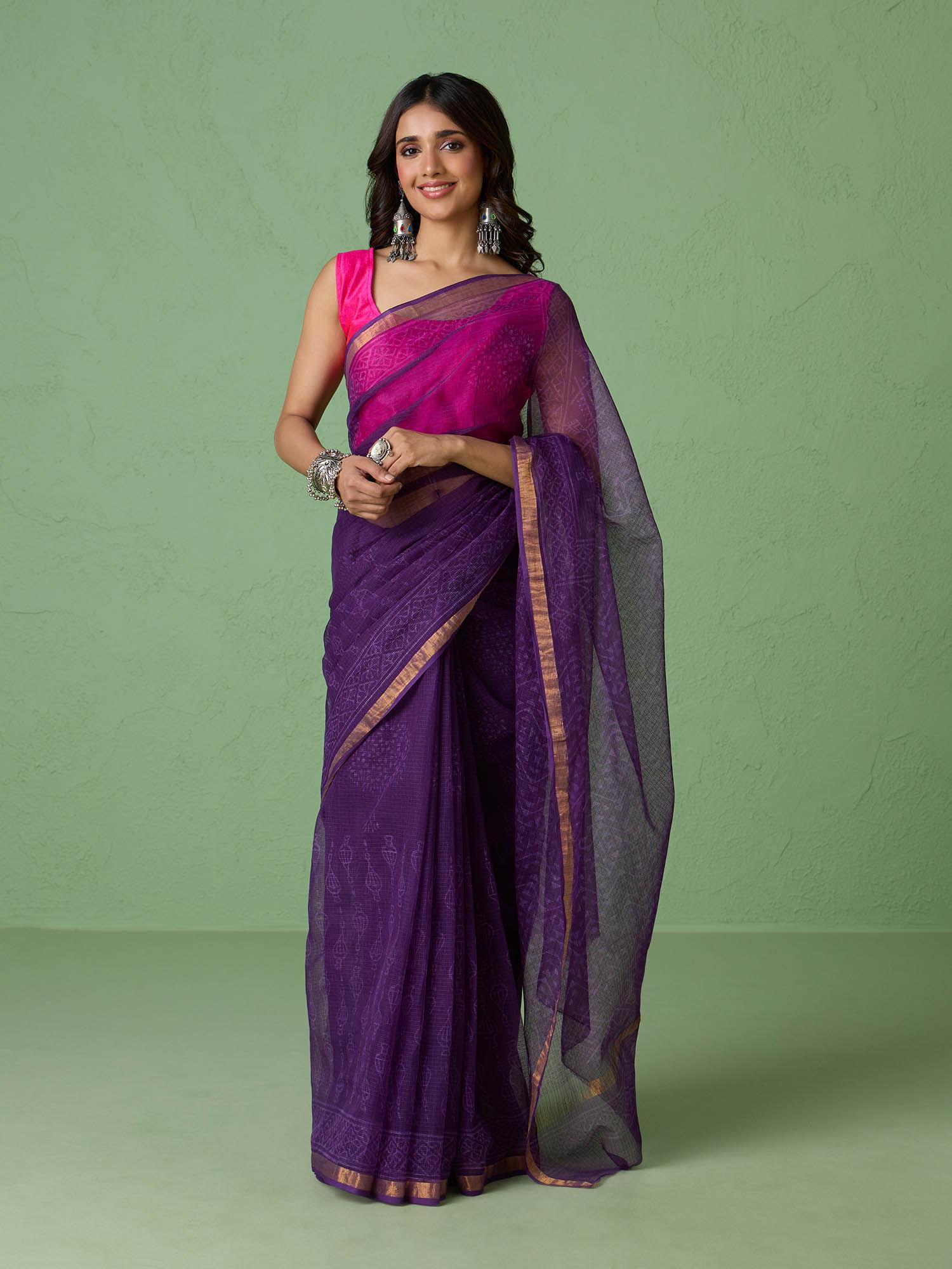 pure kota doria authentic hand block print purple saree with unstitched blouse likkota01