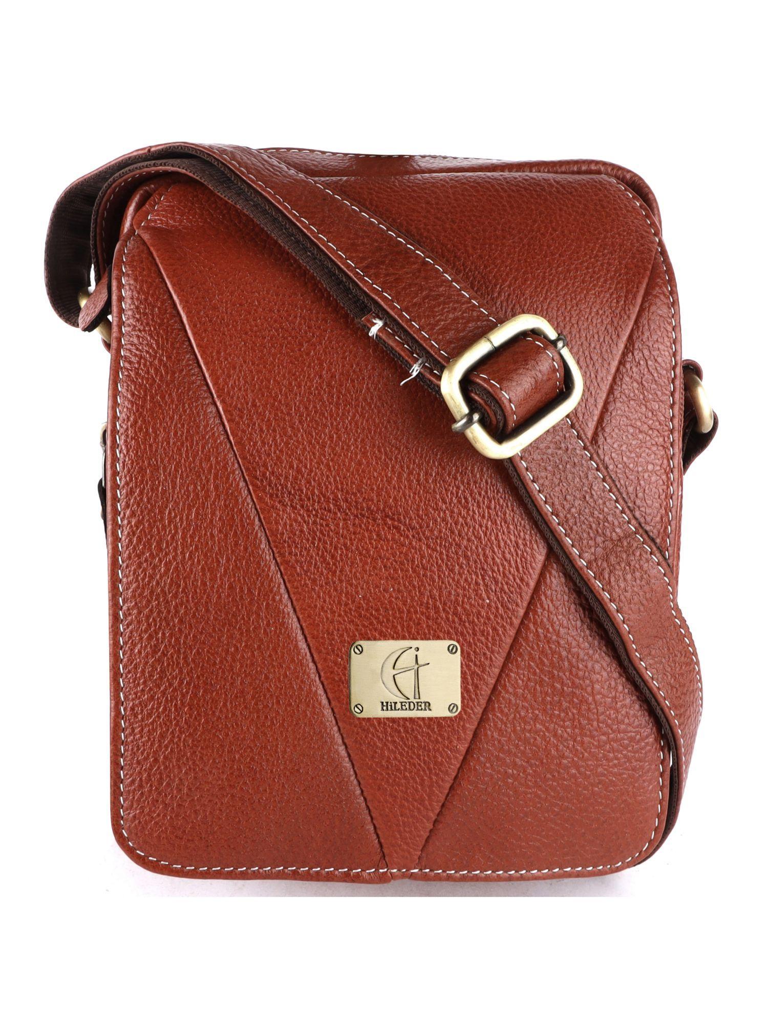 pure leather messenger unisex 7.5 inch sling cross body travel office bag tan