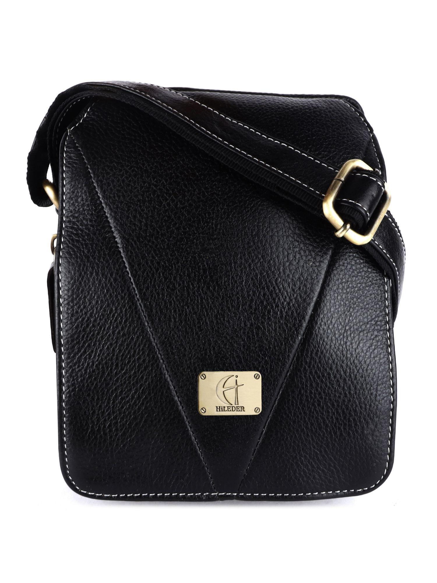pure leather shoulder unisex 7.5 inch sling cross body travel office bag black