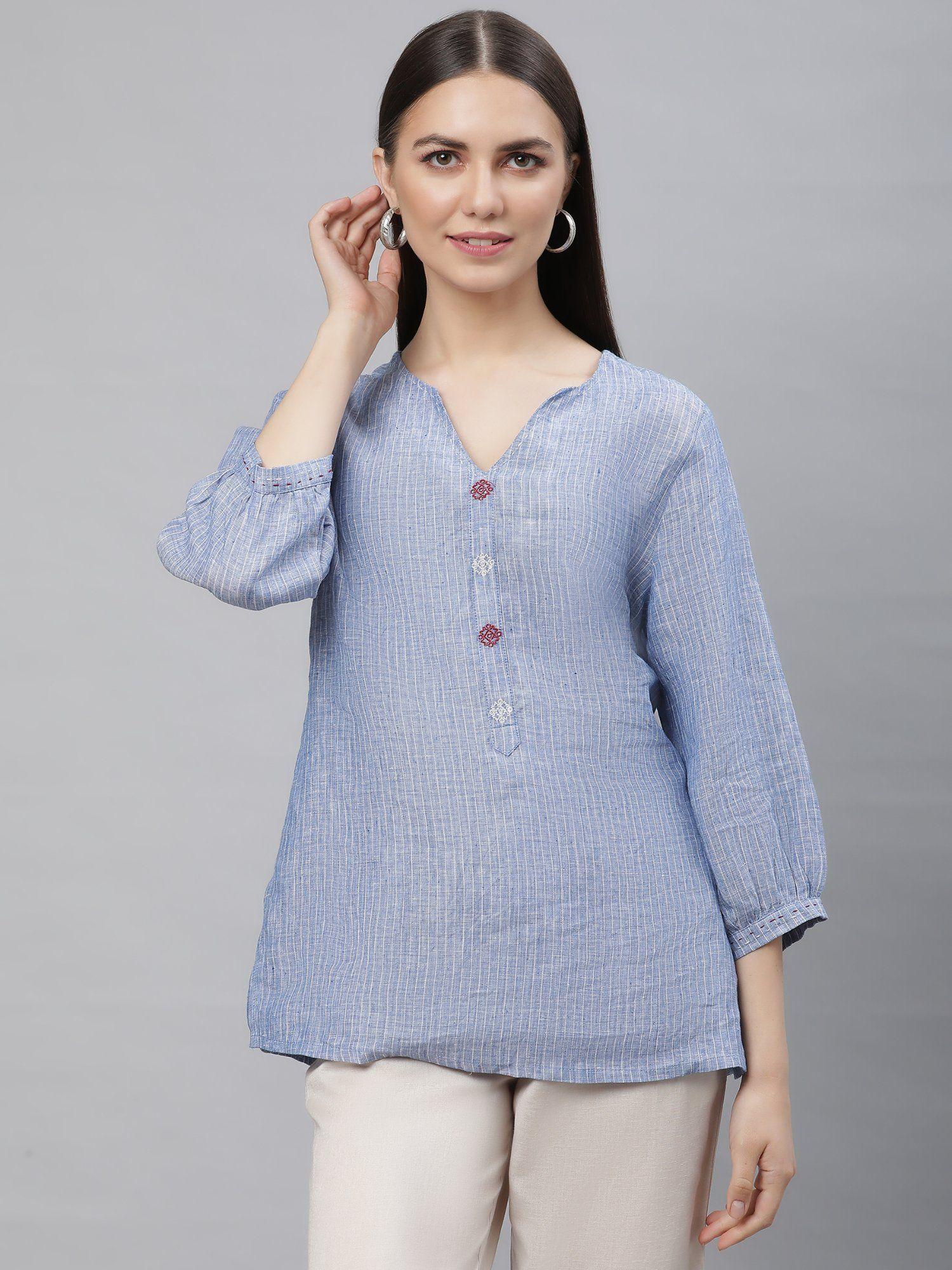 pure linen blue striped embroidered tunic