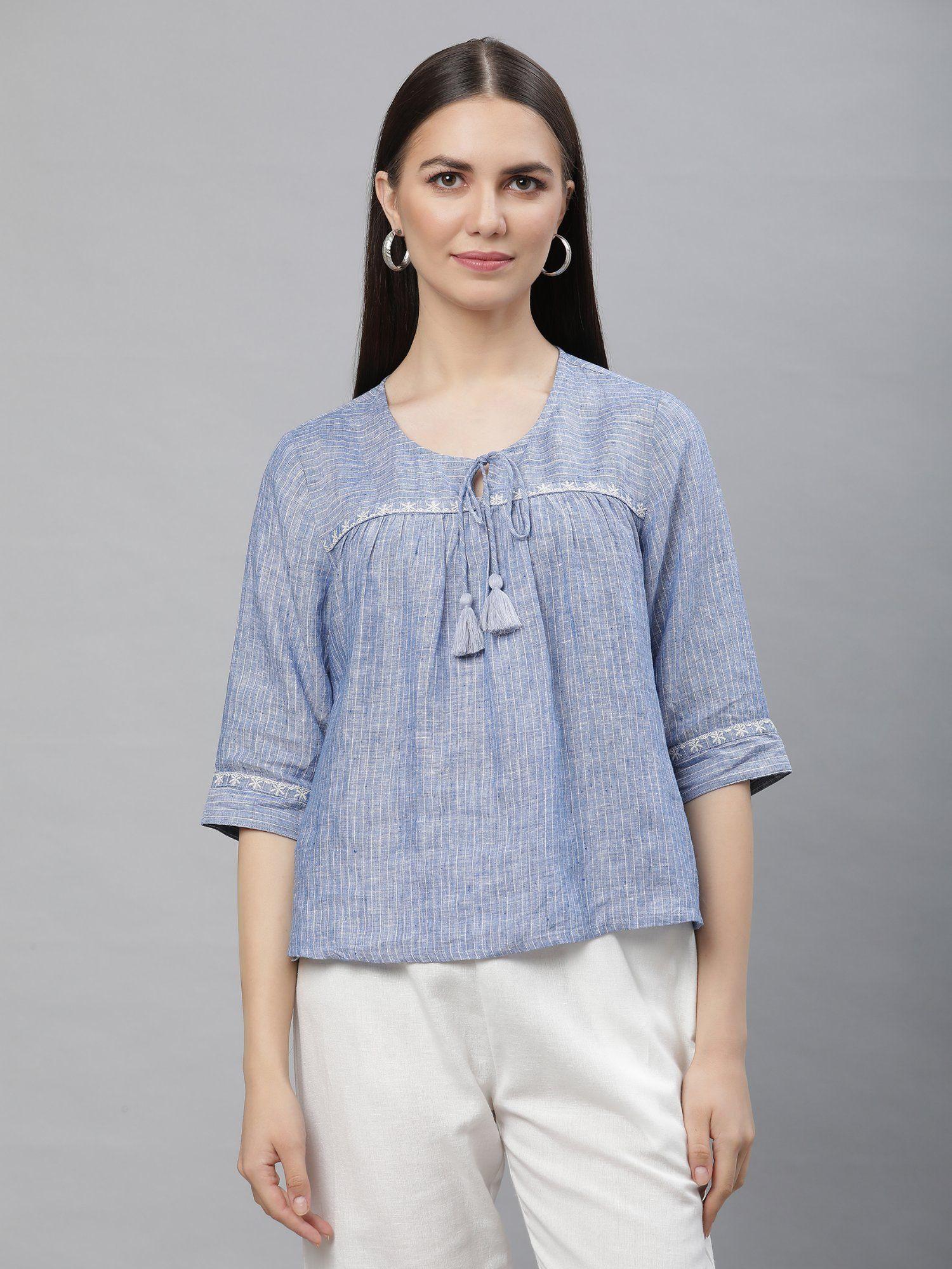 pure linen blue striped top