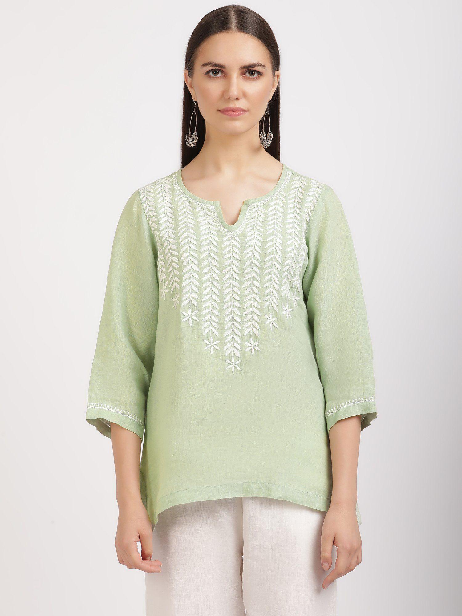 pure linen mint green embroidered tunic