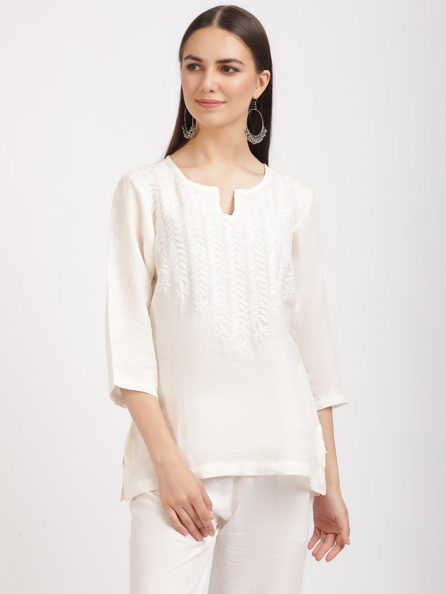 pure linen off white embroidered tunic