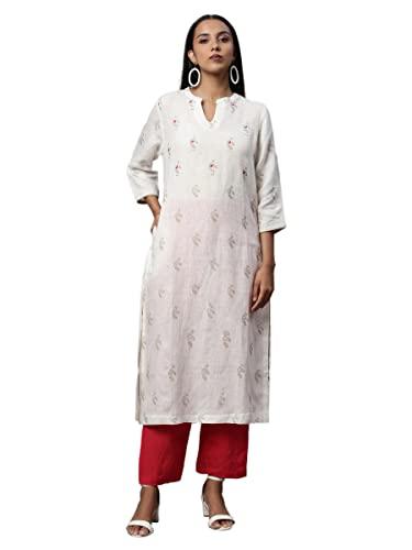 pure linen offwhite gold print red embroidery kurta for woman (size: s)-lcweaw22lkfofw0142