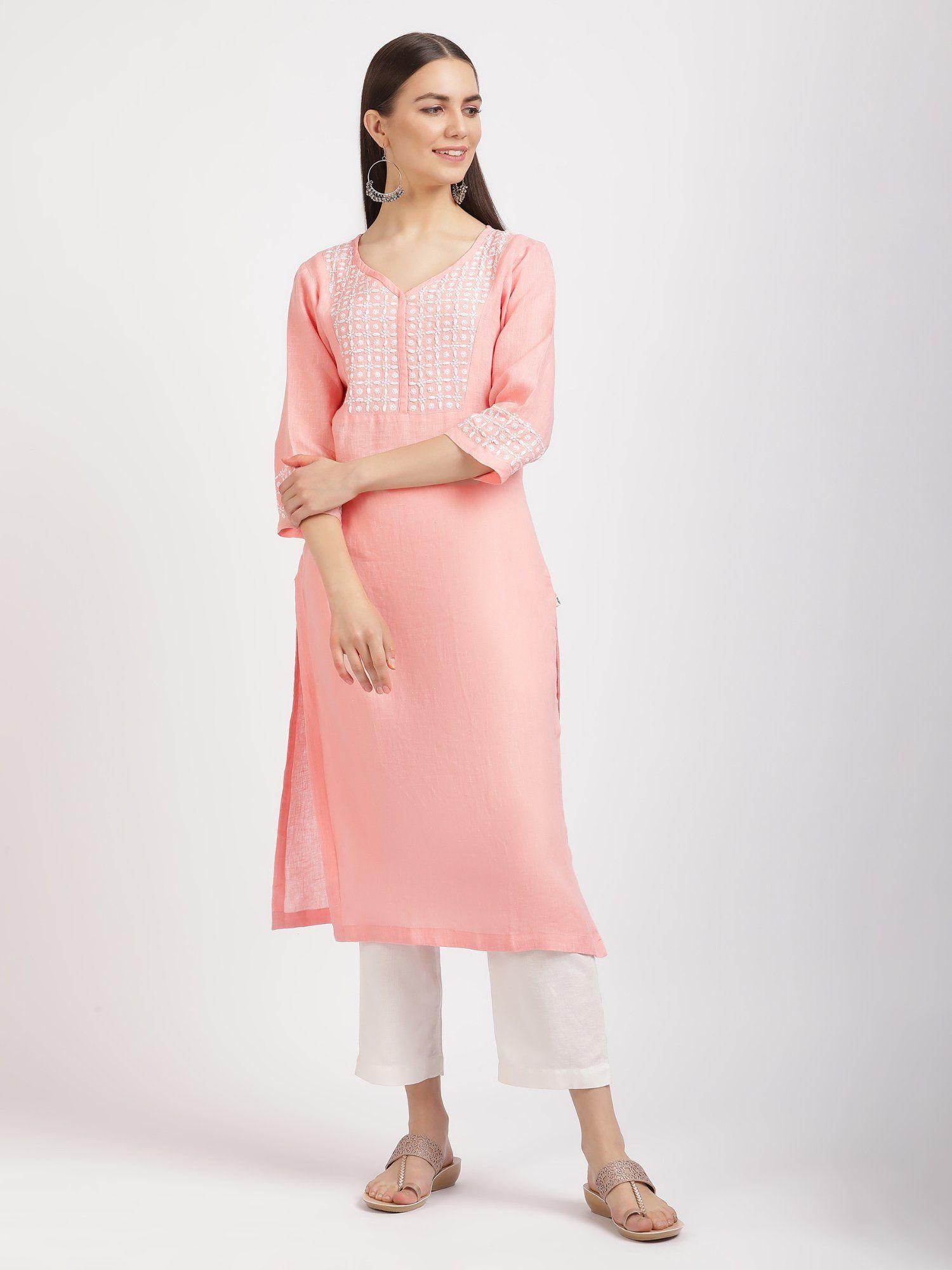 pure linen peach embroidered kurta