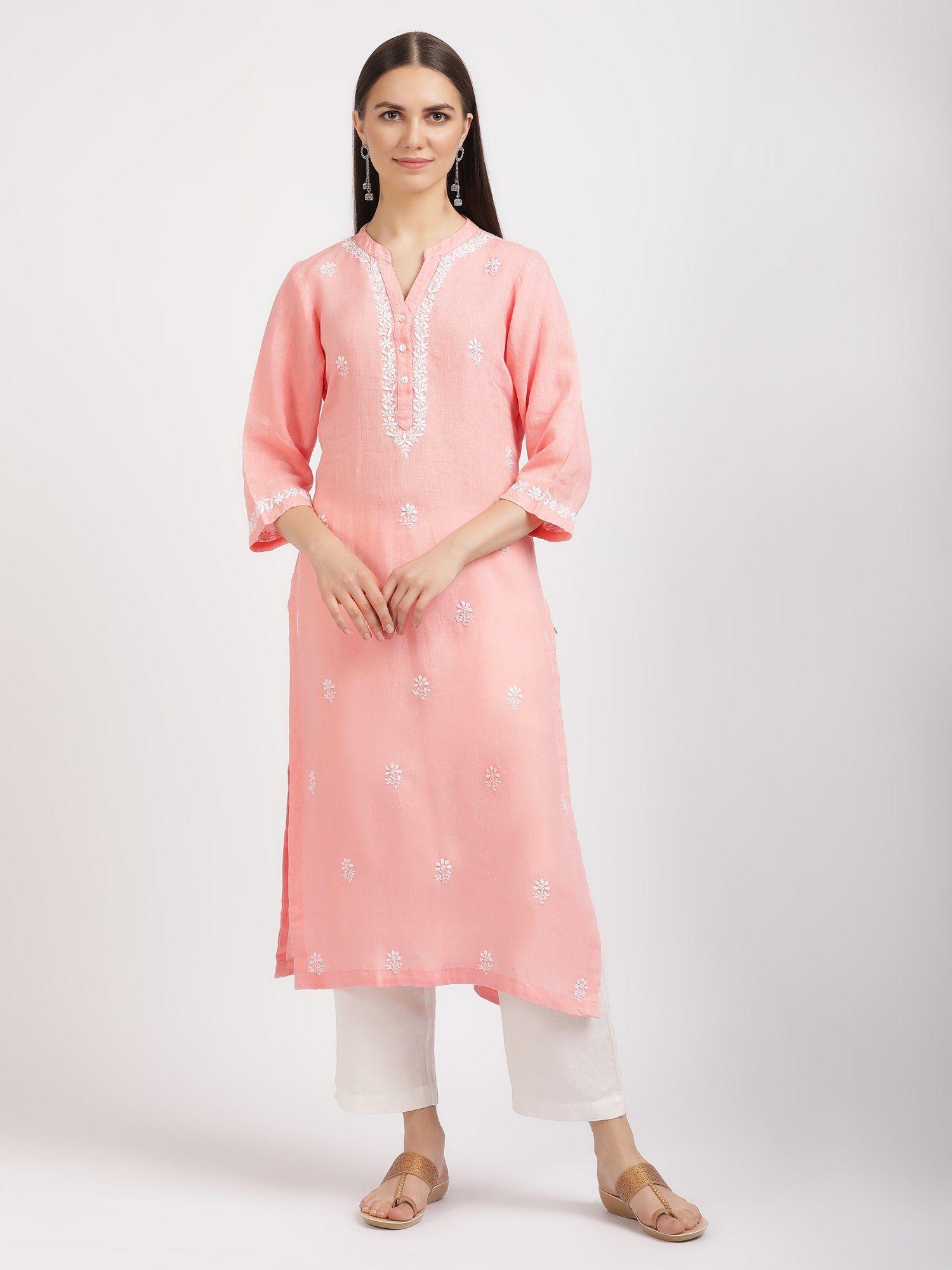 pure linen peach embroidered kurta