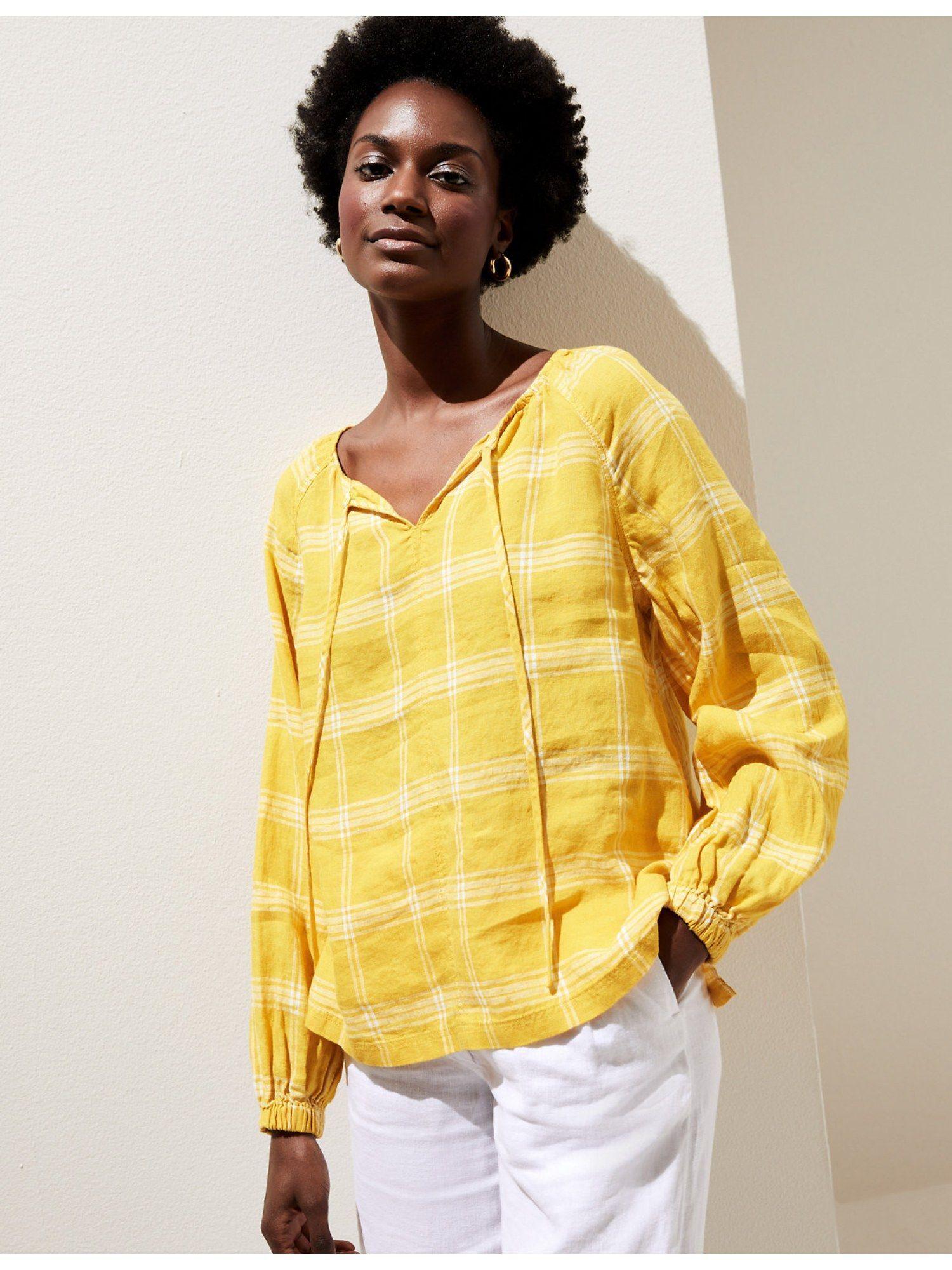 pure linen yellow checked long sleeve top