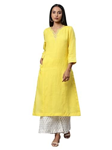 pure linen yellow gold embroidery kurta set for woman (size: s)-lcweaw222poyel0133